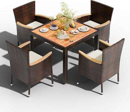 Shintenchi 5 PCS Patio Dining Set, Wicker Outdoor Table and Chairs with Soft Cushions, Patio Furniture Set with Wood Table Top for Backyard, Deck and Garden, Brown Wicker