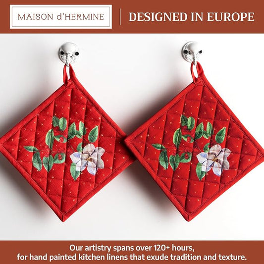Maison d' Hermine Pot Holders 100% Cotton Potholders (8" x 8", Pack of 2) | Heat Resistant Hot Pads with Loop BBQ Cooking Baking Hotel Kitchen Handling Hot Pans Thanksgiving Christmas - Noel