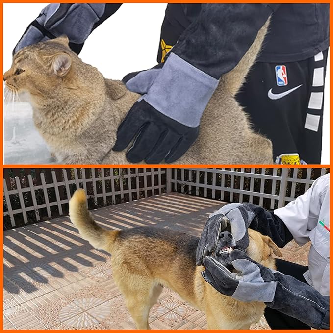 WZQH 23.6 In Leather Welding Gloves for Animal Handling,Grabbing Reptile, Grooming,Trips to Vet,BBQ,Fireplace.Puncture & Scratch Resistant, Bite Proof for Cat Dog Bird Falcon Livestock Snake XL Black