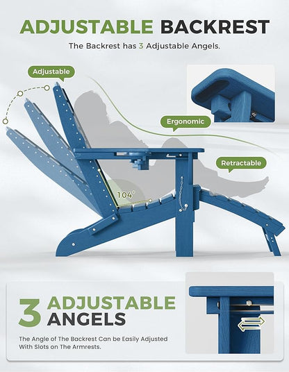 Ciokea Folding Adirondack Chair Set of 4 with Retractable Ottoman Fire Pit Patio Chair with Pull Out Foot Rest Weather Resistant Lawn Outdoor Chair with 2 Cup Holder (Navy Blue)