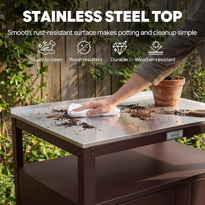 Feasto Metal Outdoor Potting Bench with Storage Cabinet for Garden Work | Durable Metal Cabinet & Stainless Steel Top, Open Middle Shelf, Raised Edge & Adjustable Feet, for Patio, Lawn & Greenhouse