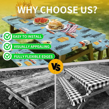 Picnic Table Cover with Bench Covers, 72 X 30 Inch Elastic Fitted Camping Tablecloth with Strap Design for 6FT Rectangle Tables, Windproof Outdoor Tablecloth Set with Storage Bag