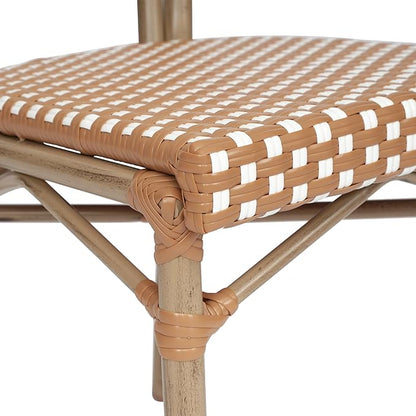Flash Furniture Lourdes Indoor/Outdoor Commercial Thonet Bistro Stack Chair - Natural/White PE Rattan Back and Seat - Light Natural Bamboo Print Metal Frame