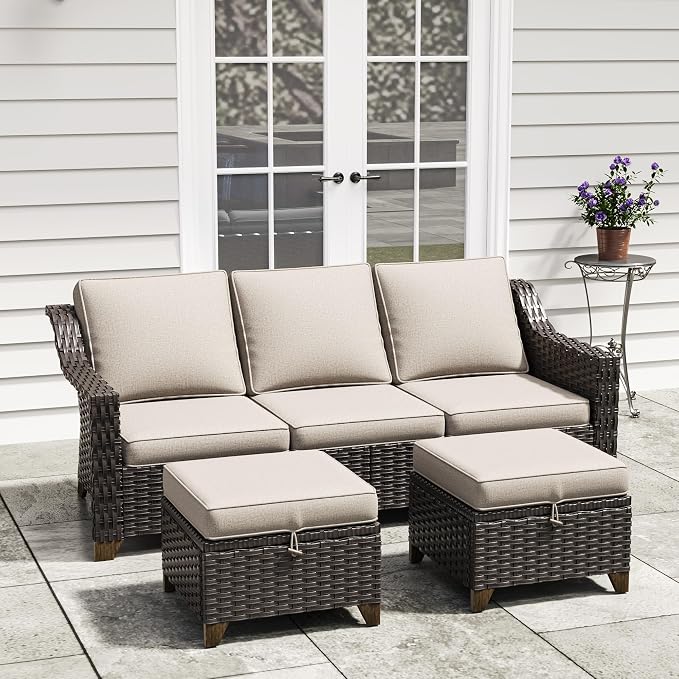 3 Pieces Outdoor Conversation Furniture Set - 77" Patio Sofa, 2 Rattan Wicker Ottomans, Patio Wicker Couch Set with Water-Resistant and Washable Cushions for Sunroom, Deck, Porch (Beige)