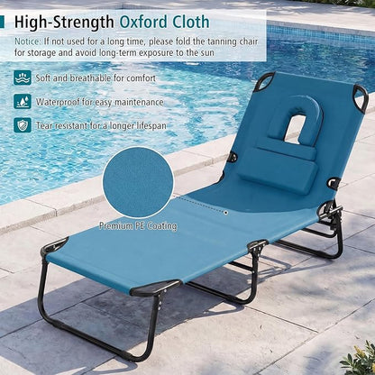 GYMAX Tanning Chair, Folding Lounge Chairs with Face Hole & Cover, Removable Pillow Carry Handle, Portable Compact Outdoor Layout Recliner for Beach, Poolside, Lawn, Patio, Camping (Blue,1)