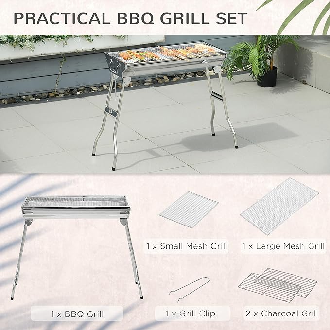 Portable Charcoal Grill, Stainless Steel Folding Outdoor BBQ Grill for Backyard Cooking, Camping, Picnic, Party, Tailgating and Travel with Pan, Grill Rack, Shelves, Hooks