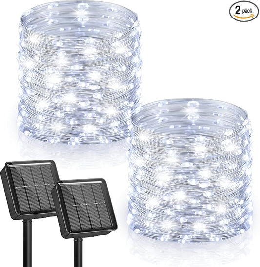 Minetom 2 Pack Solar String Lights, Total 66Ft 200 LED Solar Fairy Lights Outdoor Waterproof, 8 Modes Firefly Starry Moon Twinkle Lights for Yard Garden Patio Tree DIY Crafts Wedding Party(Cool White)