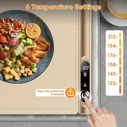 Graphene Food Warming Mat - Rapid Heating with 6 Temp & Timer, Portable Electric Warming Tray for Party Buffet Countertop, Family Meals, Beige