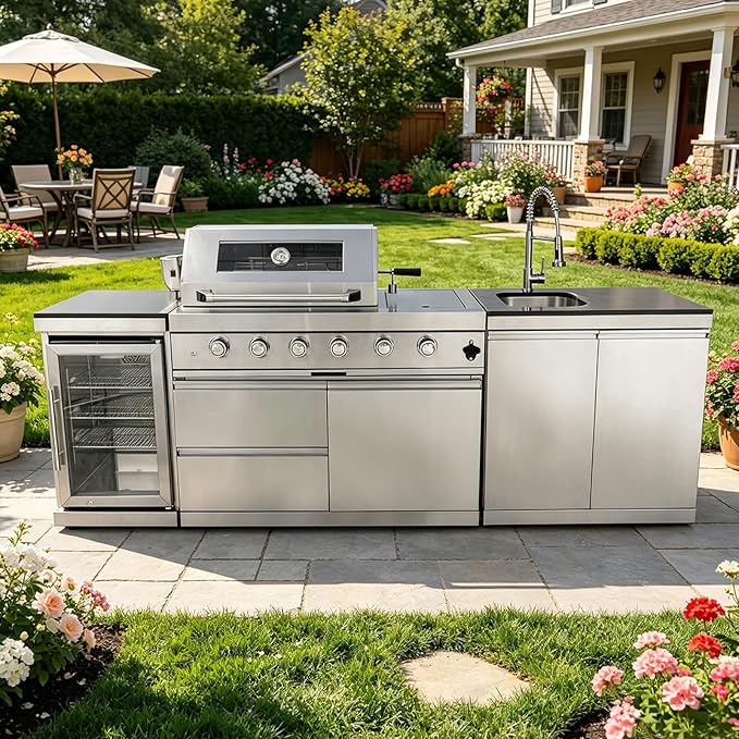 Outdoor Gas Grill Island with Refrigerator, 4 Burner 72,000 BTU BBQ Grill with Side Burner, Infrared Rotisserie, Granite Countertop, Stainless Steel Outdoor Kitchen (Silver+98in)