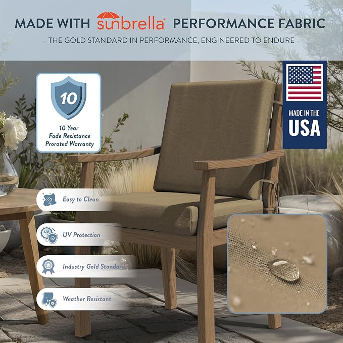 California Umbrella Outdoor Dining Chair, Patio Seat Cushion, 20 x 40 Inch, Premium Outdoor Memory Foam, Fade Resistant, Sunbrella Fabric, Fabric Ties, Heather Beige