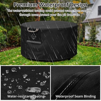 QH.HOME Fire Pit Cover Round Super Waterproof, 48" D X 24" H Outdoor Round Firepit Cover 600D Strong Tear Resistant, UPF 50+ Fire Pit Covers Premium Fading Resistant for Outdoor Fire Pit - Black
