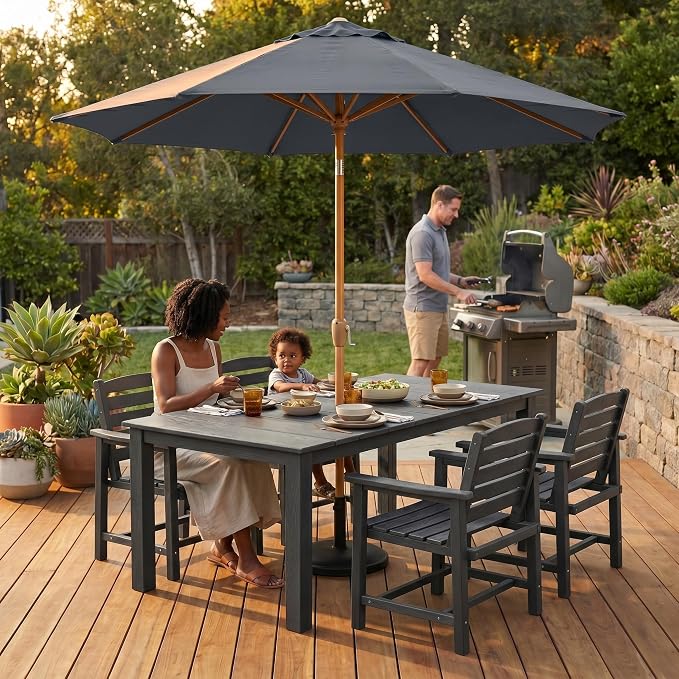 9ft Outdoor Patio Umbrella, Market Table Umbrella with Crank and Easy Push Button Tilt, Wood Grain Frame, UPF 50+ for Pool, Garden, Deck, Backyard