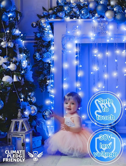 33FT 100 LED Blue Christmas Twinkle String Lights Indoor Outdoor | 8 Modes with Memory, Connectable, IP65 Waterproof, Transparent Wire, Up to 5 Sets, Widely use for Classroom, Bedroom, dorm