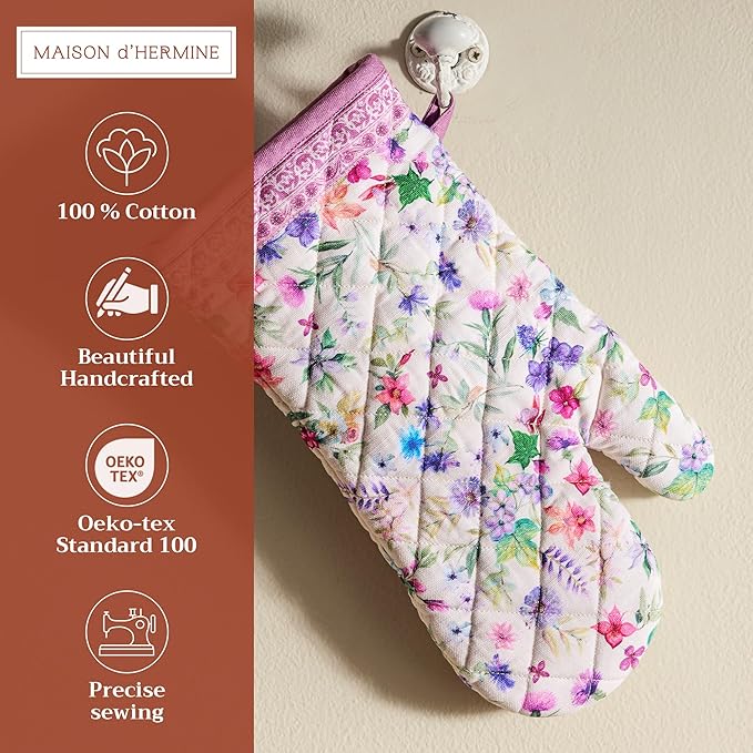 Maison d'Hermine Oven Gloves 100% Cotton Oven Mitt 7" x 13" with Loop Heat Resistant BBQ Cooking Gloves Baking Grilling Kitchen Hotel Home Farmhouse Spring Summer (Pack of 1, Chardon)