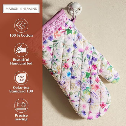 Maison d'Hermine Oven Gloves 100% Cotton Oven Mitt 7" x 13" with Loop Heat Resistant BBQ Cooking Gloves Baking Grilling Kitchen Hotel Home Farmhouse Spring Summer (Pack of 1, Chardon)