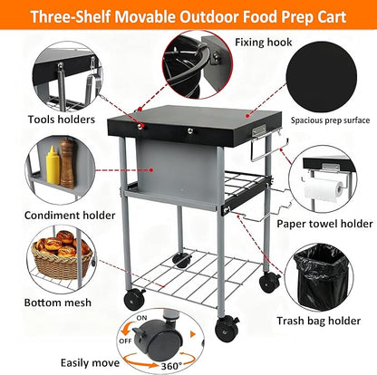 Rolling Grill Side Table Cart for 18"/22" Weber Charcoal Kettle Grills - Outdoor Prep Stand with Wheels, Mesh Storage Racks for Backyard BBQ, Camping, Parties