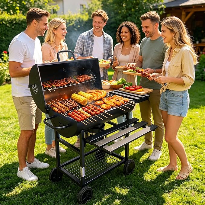 Barrel Charcoal Grill,Outdoor BBQ Grill with Side Table,Large Cooking Area,Smoker,Braised Roast for Patio Cooking Backyard Grilling Camping Picnics Tailgating Parties