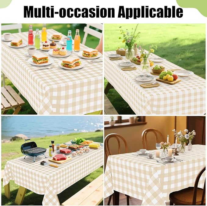 Smiry Picnic Table Cloth, Vinyl Tablecloths with Flannel Backing, 60"x120" | Waterproof Rectangle Table Cloth, Wipeable Buffalo Plaid Table Cover for Indoor and Outdoor (White & Beige)