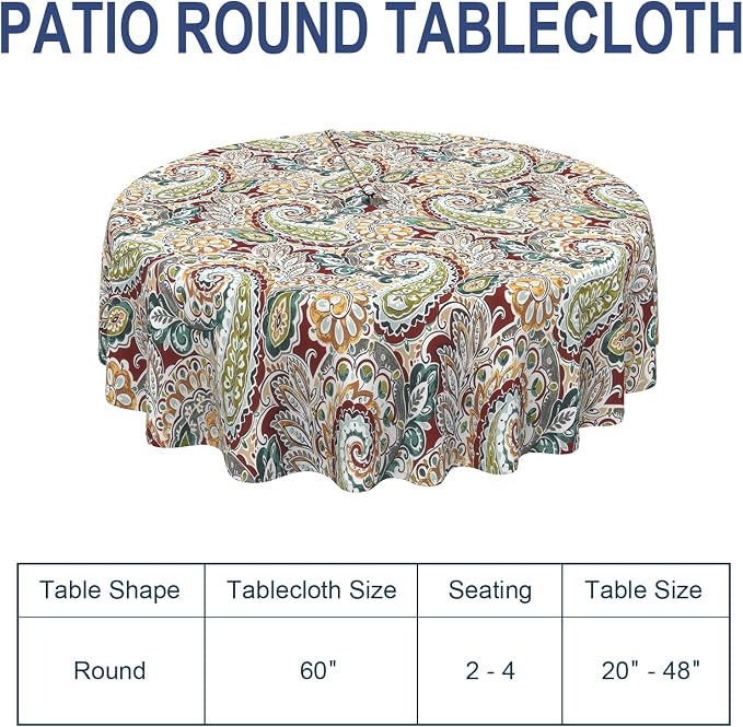 Outdoor/Indoor Round Tablecloth with Umbrella Hole Zipper, Decorative Circular Table Cover for Home Garden, 60 Inch, Paisley Chilli