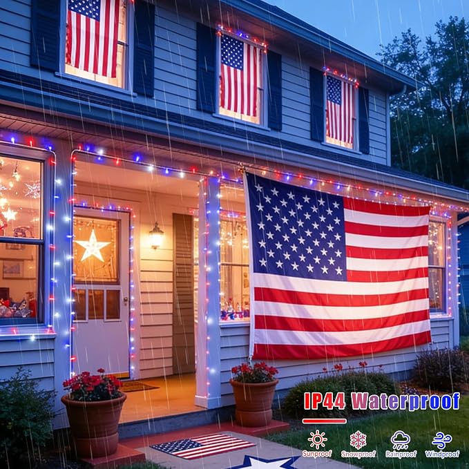YEGUO 66ft 200 LED Red White and Blue Lights, 4th of July Decorations String Lights Plug in Indoor Outdoor, 8 Modes Clear Wire Patriotic Light for Independence Day Holiday Memorial Day Party Decor