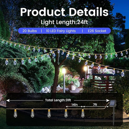 Solar String Lights Outdoor, 24FT Solar Patio Lights, String Lights for Outside, Waterproof 8 Modes Hemp Rope Lights with 20 Shatterproof LED Bulbs for Garden Yard Fence Balcony Camping Decor - White