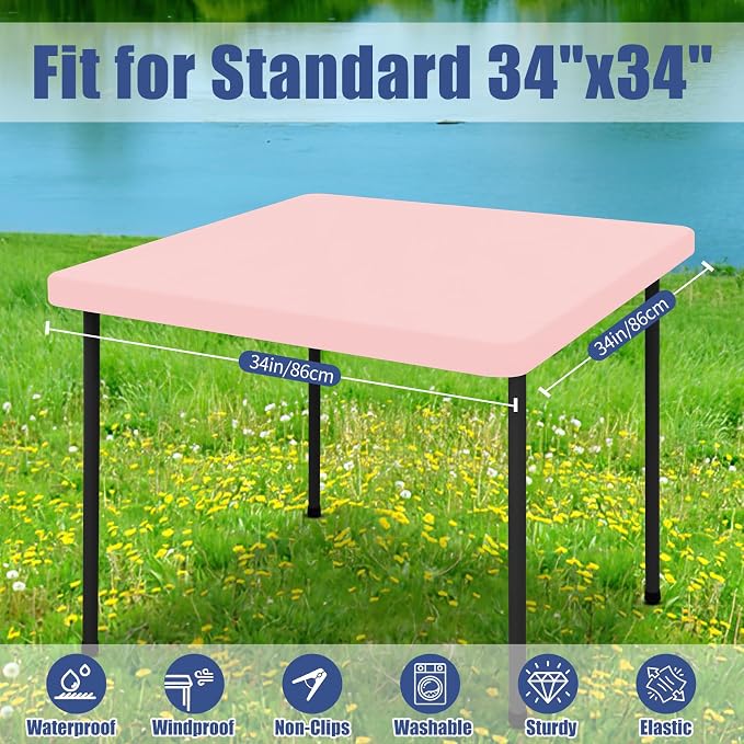 Moosfor Spandex Square Table Cloth, Elastic Fitted Tablecloths for Picnic, Stretch Washable Patio Table Cover for Outdoor, Camping, Banquet and Parties (Pink, 34"x34")