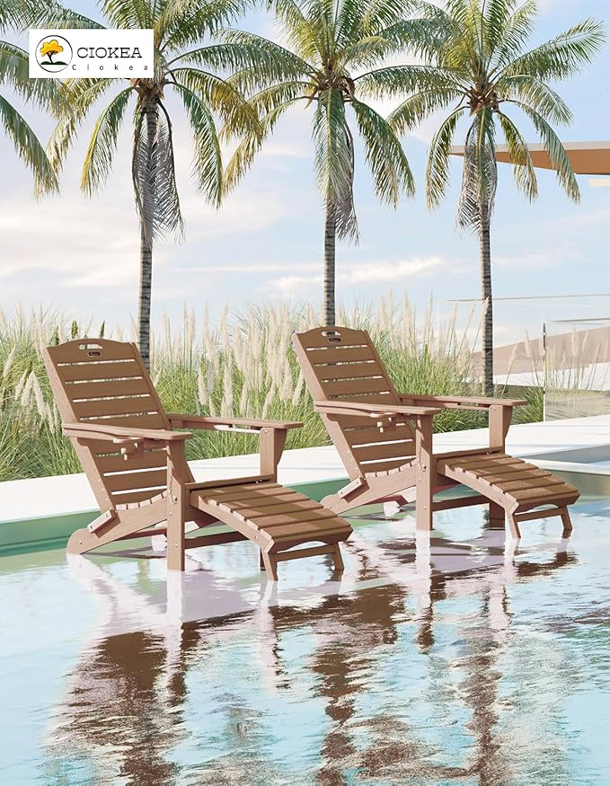 Ciokea Folding Adirondack Chair Set of 4 with Retractable Ottoman Fire Pit Patio Chair with Pull Out Foot Rest Weather Resistant Lawn Outdoor Chair with 2 Cup Holder (Teak)