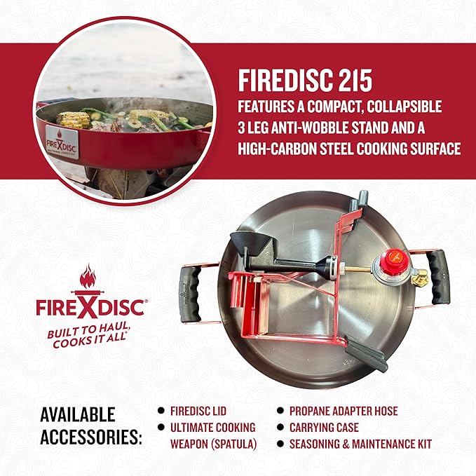 FIREDISC 215 Limited Edition Ultra Portable Tabletop Propane Cooker in Fireman Red TCGFD215R, 16.5-in. Plow Disc Camping Stove is an Ideal Portable Stove, Tailgate Grill, or Propane Outdoor Cooking