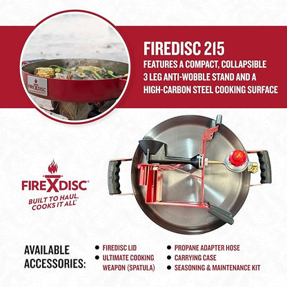 FIREDISC 215 Limited Edition Ultra Portable Tabletop Propane Cooker in Fireman Red TCGFD215R, 16.5-in. Plow Disc Camping Stove is an Ideal Portable Stove, Tailgate Grill, or Propane Outdoor Cooking