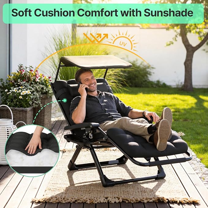 Suteck Zero Gravity Chair with Canopy, Reclining Camping Lounge Chairs | w/Removable Cushion, Upgraded Lock and Cup Holder, Reclining Patio Folding Recliner for Indoor and Outdoor