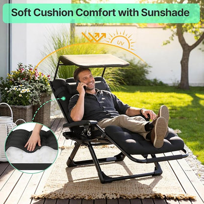 Suteck Zero Gravity Chair with Canopy, Reclining Camping Lounge Chairs | w/Removable Cushion, Upgraded Lock and Cup Holder, Reclining Patio Folding Recliner for Indoor and Outdoor