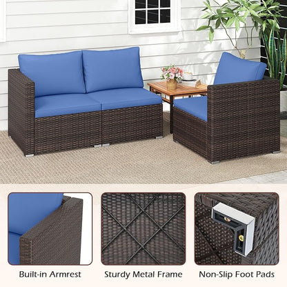 Tangkula 3 Seat Outdoor Wicker Sofa Set, Modular PE Rattan Patio Cushioned Sectional Couch Set, Outside Furniture Set for Deck, Backyard, Porch, Garden & Poolside (Brown-Navy)
