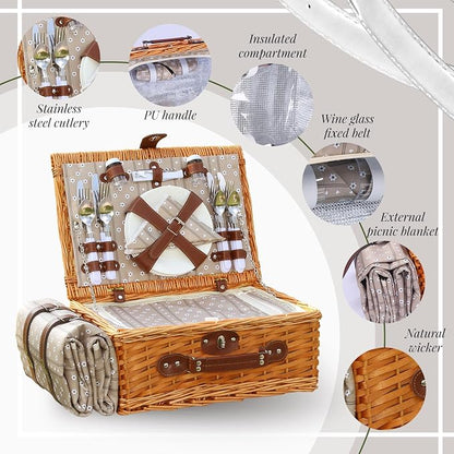 Wicker Picnic Basket Set for 4, Blanket, Cooler Bag, Brown Floral | Four-Person Wicker Set Includes Tableware, Insulated Food Storage and Waterproof Blanket for Parks, Camping, Dates and Gifts