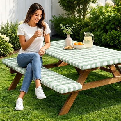 AnyDesign Sage Green Plaid Picnic Table Cover with Bench Cover Green Gingham Waterproof Elastic Fitted Camping Tablecloth for 6Ft Rectangle Table Outdoor Decor