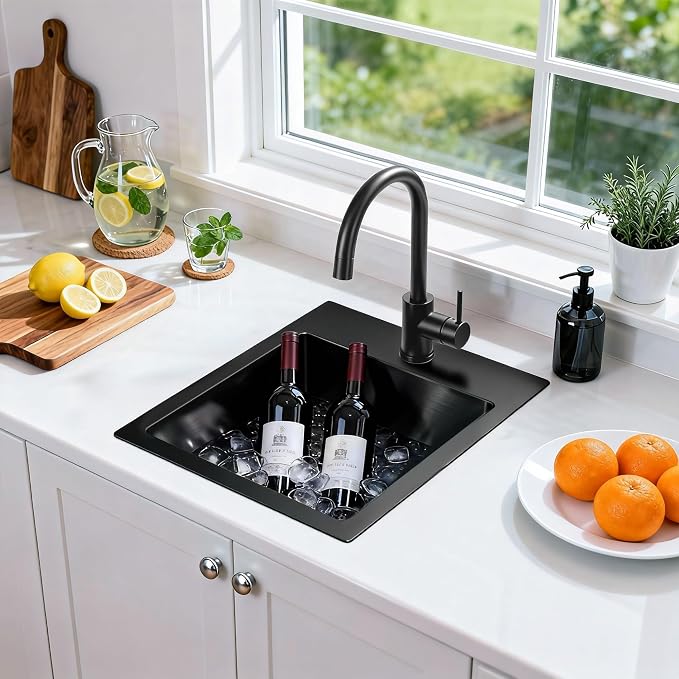 13x15x9 Inch Black Bar Sink Drop In - 18 Gauge Stainless Steel Small Kitchen Sink for RV, Wet Bar, Food Truck & Tiny Home, Nano PVD Gunmetal Matte Black Single Bowl with Strainer