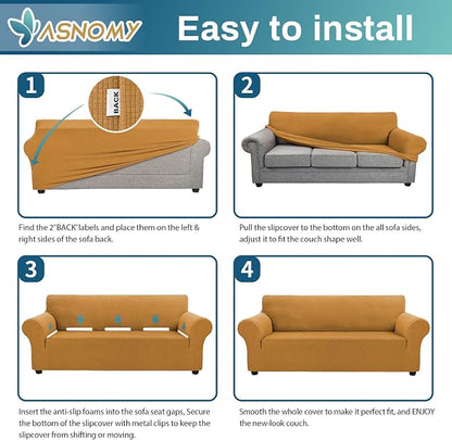 Asnomy Stretch Oversized Couch Covers for Sofa Slipcover,Golden | 1-Piece Sofa Covers Washable(94"-110") 4-Seater Furniture Protector with Non Skid Foam and Elastic Bottom for Kids, Pets