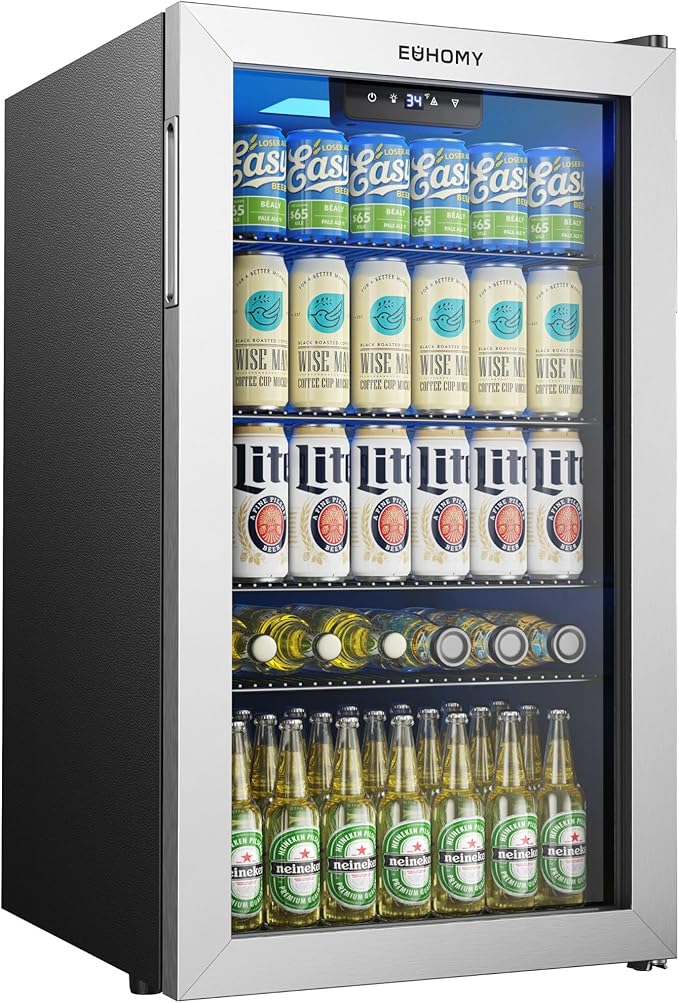 EUHOMY Beverage Refrigerator and Cooler, 128 Can Mini fridge with Glass Door, Small Refrigerator with Adjustable Shelves for Soda Beer or Wine, Perfect for Home/Bar/Office, Silver