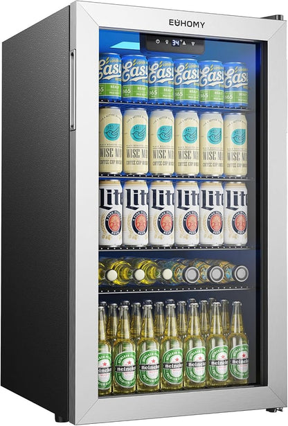 EUHOMY Beverage Refrigerator and Cooler, 128 Can Mini fridge with Glass Door, Small Refrigerator with Adjustable Shelves for Soda Beer or Wine, Perfect for Home/Bar/Office, Silver