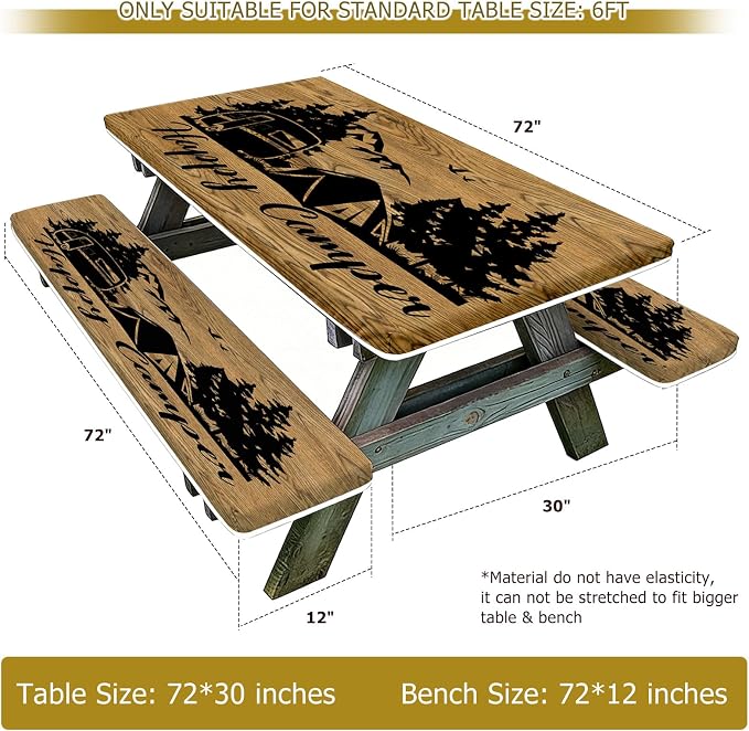 3 Piece Picnic Table Cover with Bench Covers for Outdoor, Patio, 30x72 Inch | Camping Table Cloth Waterproof Windproof with Elastic Edges & Drawstring Bag, Fitted Rectangle Tables and Seat Covers