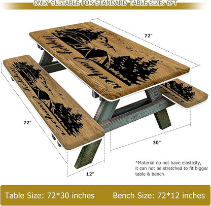 3 Piece Picnic Table Cover with Bench Covers for Outdoor, Patio, 30x72 Inch | Camping Table Cloth Waterproof Windproof with Elastic Edges & Drawstring Bag, Fitted Rectangle Tables and Seat Covers