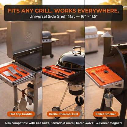 Magnetic Silicone Side Shelf Mat for Blackstone Griddle - 4 Corner Magnets, Extra Thick, Linear Drip Channels, 446°F Heat Resistant, 16"x11.5", Fits Weber Traeger Pit Boss, BBQ Gift for Men