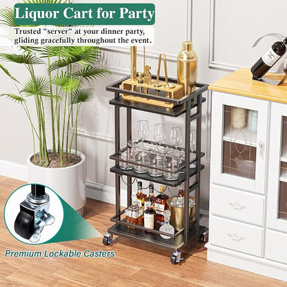 OKZEST 3-Tier Bar Cart for Home, Mini Rolling Liquor Cabinet & Serving Cart | Small alcohol coffee bar cart for party, Holds wine, liquor, beverage, glassware, shaker, coffee supplies, Rustic farmhouse