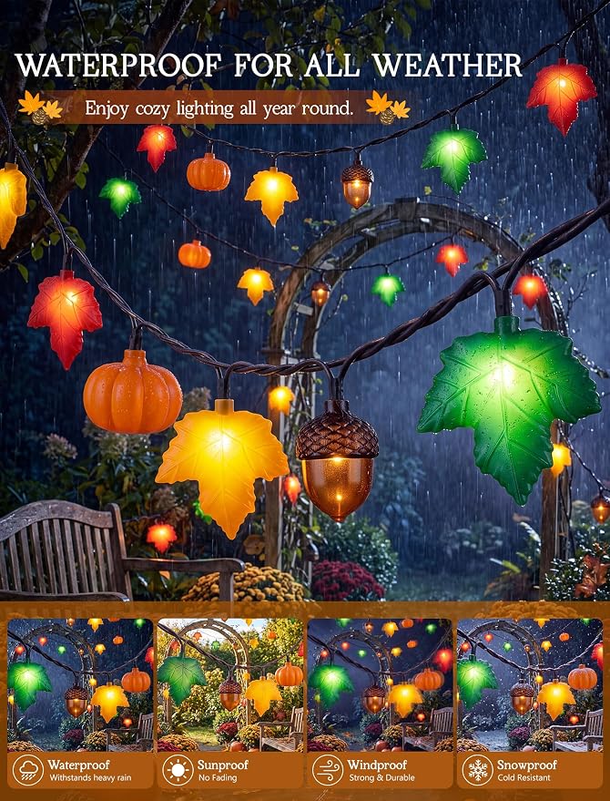 8.5Ft Fall Decor String Lights, 10 LED 3D Pumpkin Acorn Maple Leaf Plug in | End-to-end Connectable, Waterproof & UL Listed Vintage Bedroom Autumn Party Harvest Fall Halloween Thanksgiving Decorations