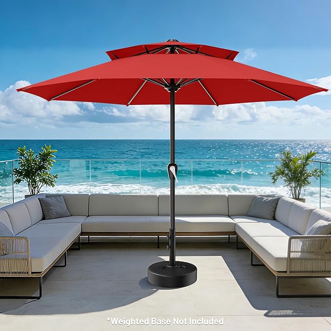 AreShark 12ft 2 Tiers Patio Umbrella - Outdoor Umbrella Waterproof UV Protection, Market Table Umbrella w/ 8 Sturdy Ribs&Crank for Pool, Porch, Garden(Red)