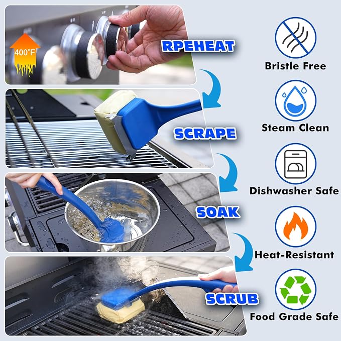 Bristle Free Grill Brush for Outdoor Grill, BBQ Grill Brush with Scraper, Steam Grill Brush Bristle Free, Grill Cleaning Brush with Replaceable Head, Grill Accessories for Gas Charcoal Smoker Griddle