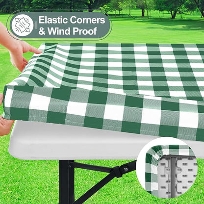 Buffalo Rectangle Picnic Tablecloth, 6 Foot Elastic Fitted Vinyl Table Cloth with Flannel Backing, Waterproof Plaid Table Cover for Dining, Camping, Outdoor (Emerald Green and White, 30" x 72")