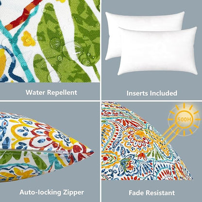 LVTXIII Set of 2 Patio Lumbar Pillows, 12”x20” Fade Resistant Outdoor Lumbar Pillow with Inners, Fluffy Decorative Garden Lumbar Cushions for Home Patio Coach Sofa Use, Paisley Multi