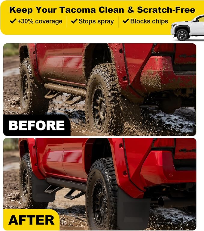 White Grille Lights + No-Drill Mud Flaps Combo for Toyota Tacoma 2024-2025 TRD Off-Road