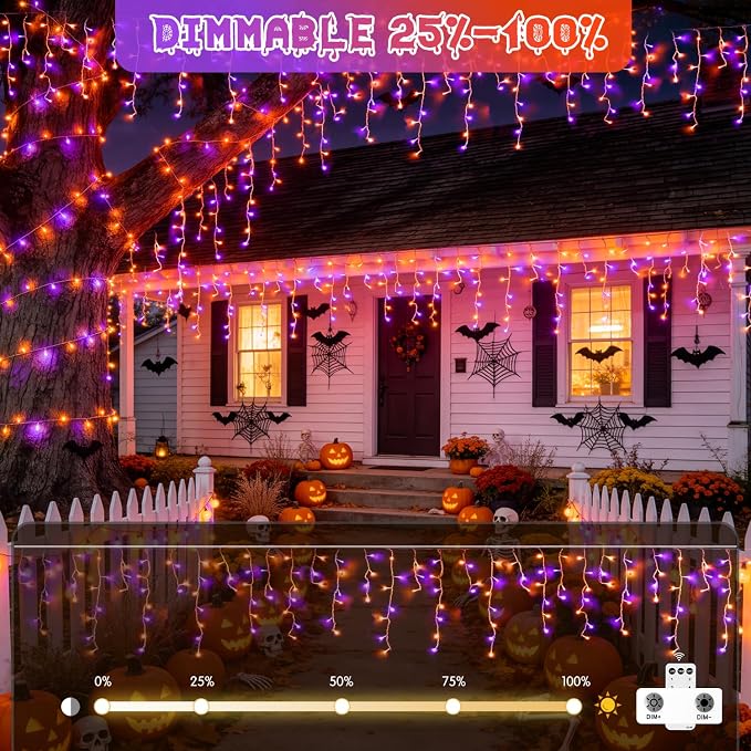 JMEXSUSS Orange and Purple Halloween Lights Outdoor, 400 LED 38.8 FT | Connectable Icicle Light Outdoor Waterproof, 8 Modes Halloween Lights Plug in for House Christmas Party Decorations