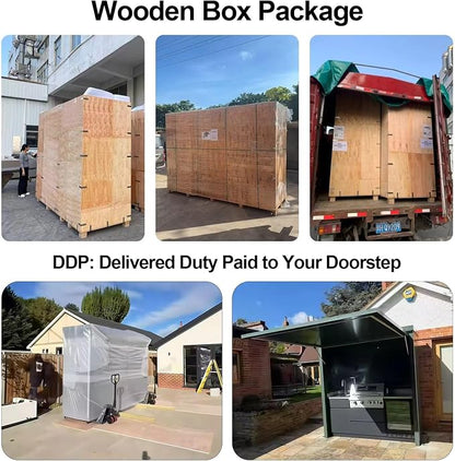 Prefab Outdoor Kitchen Pod with Roof, Luxury Modular Island Kits with Sink, Grill, Storage Cabinet, Burners, Refrigerator, Patio Backyard Cooking Station